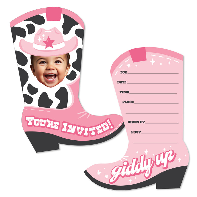 Custom Photo Pink First Rodeo - Cowgirl 1st Birthday Party Fun Face Shaped Fill-In Invitation Cards with Envelopes - Set of 12