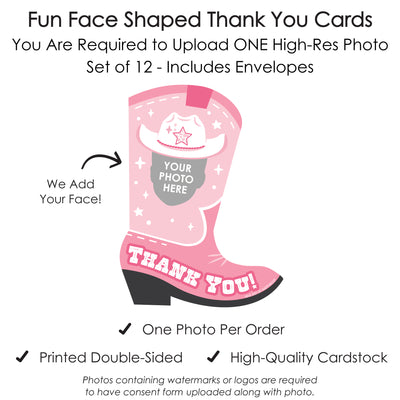 Custom Photo Pink First Rodeo - Cowgirl 1st Birthday Party Fun Face Shaped Thank You Cards with Envelopes - Set of 12