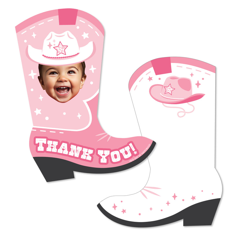 Custom Photo Pink First Rodeo - Cowgirl 1st Birthday Party Fun Face Shaped Thank You Cards with Envelopes - Set of 12