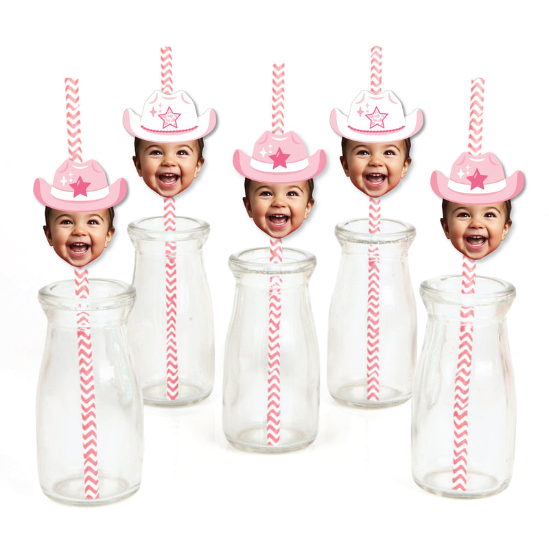 Custom Photo Pink First Rodeo - Cowgirl 1st Birthday Party Fun Face Paper Straw Decor - Set of 24
