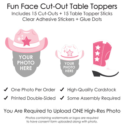 Custom Photo Pink First Rodeo - Cowgirl 1st Birthday Party Centerpiece Sticks - Fun Face Table Toppers - Set of 15