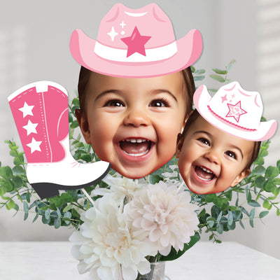 Custom Photo Pink First Rodeo - Cowgirl 1st Birthday Party Centerpiece Sticks - Fun Face Table Toppers - Set of 15
