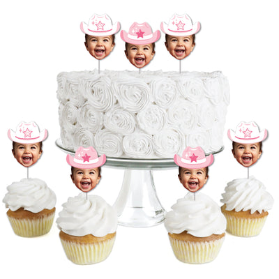 Custom Photo Pink First Rodeo - Cowgirl 1st Birthday Party Dessert Cupcake Toppers - Fun Face Clear Treat Picks - Set of 24
