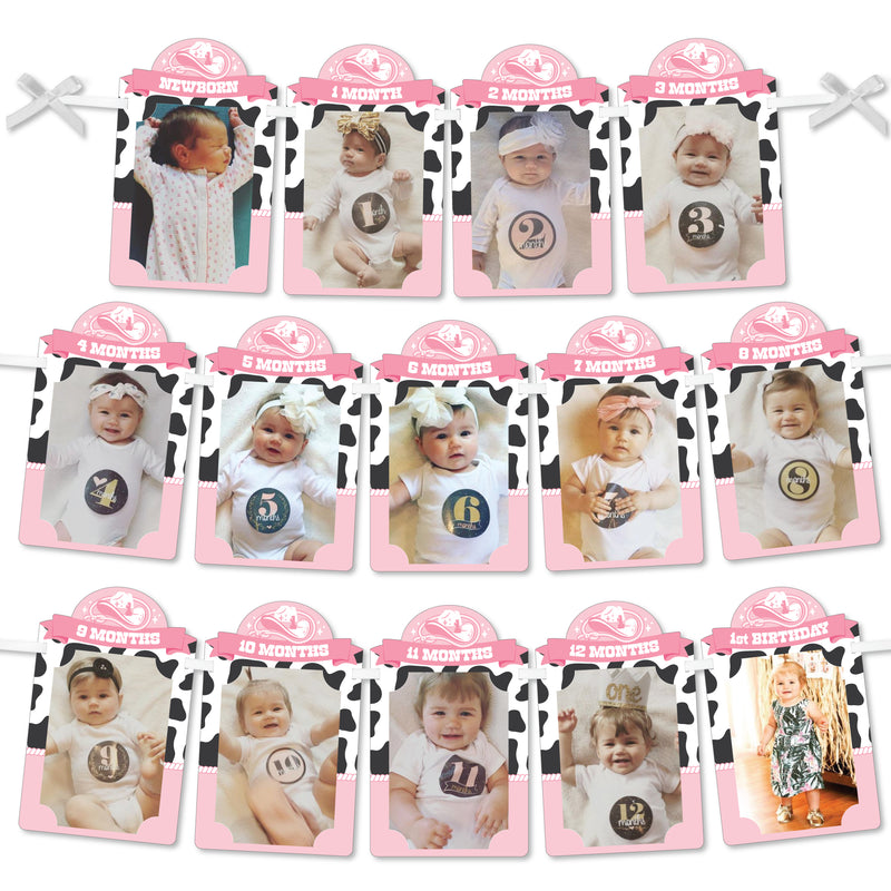 Pink First Rodeo - DIY Cowgirl 1st Birthday Decor - 1-12 Monthly Picture Display - Photo Banner