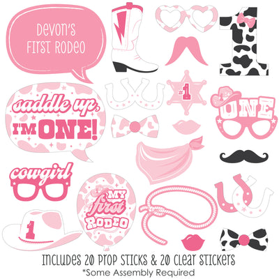 Pink First Rodeo - Personalized Cowgirl 1st Birthday Party Photo Booth Props Kit - 20 Count