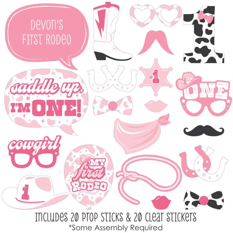 Pink First Rodeo - Personalized Cowgirl 1st Birthday Party Photo Booth Props Kit - 20 Count