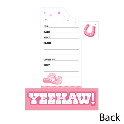 Pink First Rodeo - Shaped Fill-In Invitations - Cowgirl 1st Birthday Party Invitation Cards with Envelopes - Set of 12