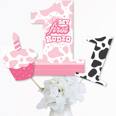 Pink First Rodeo - Cowgirl 1st Birthday Party Centerpiece Sticks - Table Toppers - Set of 15