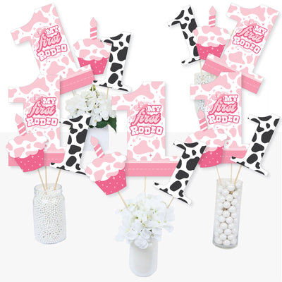 Pink First Rodeo - Cowgirl 1st Birthday Party Centerpiece Sticks - Table Toppers - Set of 15