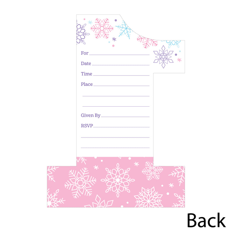Pink Snowflakes 1st Birthday - Shaped Fill-In Invitations - Girl Winter ONEderland Party Invitation Cards with Envelopes - Set of 12