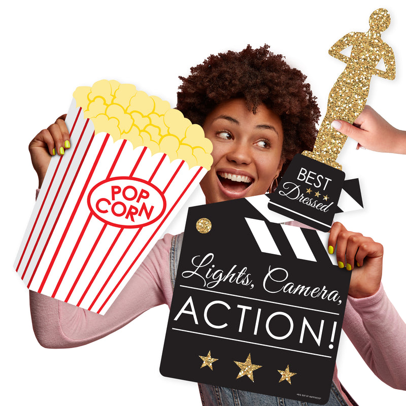 Red Carpet Hollywood - Popcorn, Award, and Clapboard Decorations - Movie Night Party Large Photo Props - 3 Pc