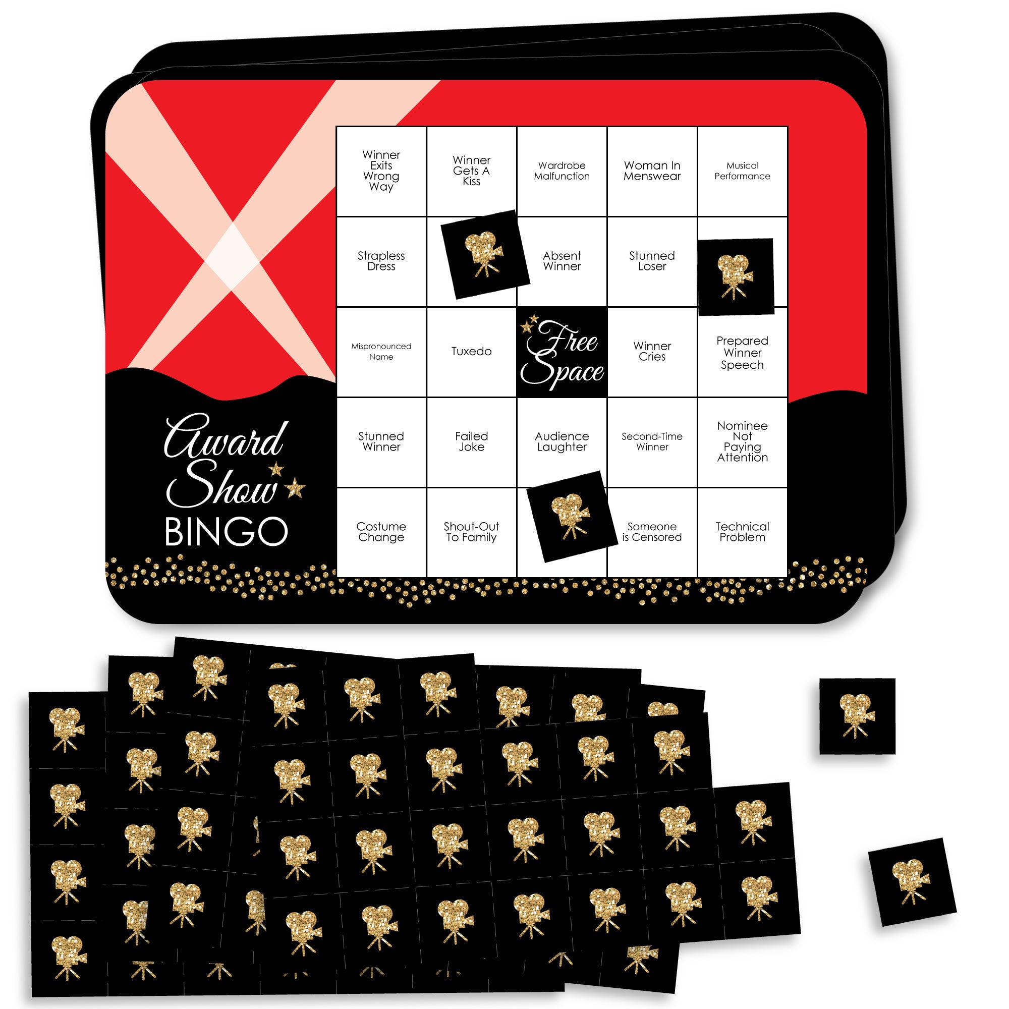 Red Carpet Hollywood - Award Show Bingo Cards and Markers - Movie Night ...
