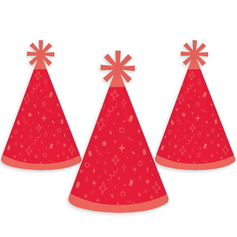 Red Confetti Stars - Cone Happy Birthday Party Hats for Kids and Adults - Set of 8 (Standard Size)