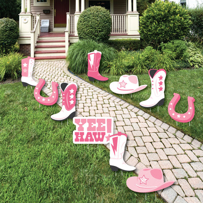 Rodeo Cowgirl - Cowboy Boots, Hat, and Horseshoe Lawn Decorations - Outdoor Pink Western Party Yard Decorations - 10 Piece