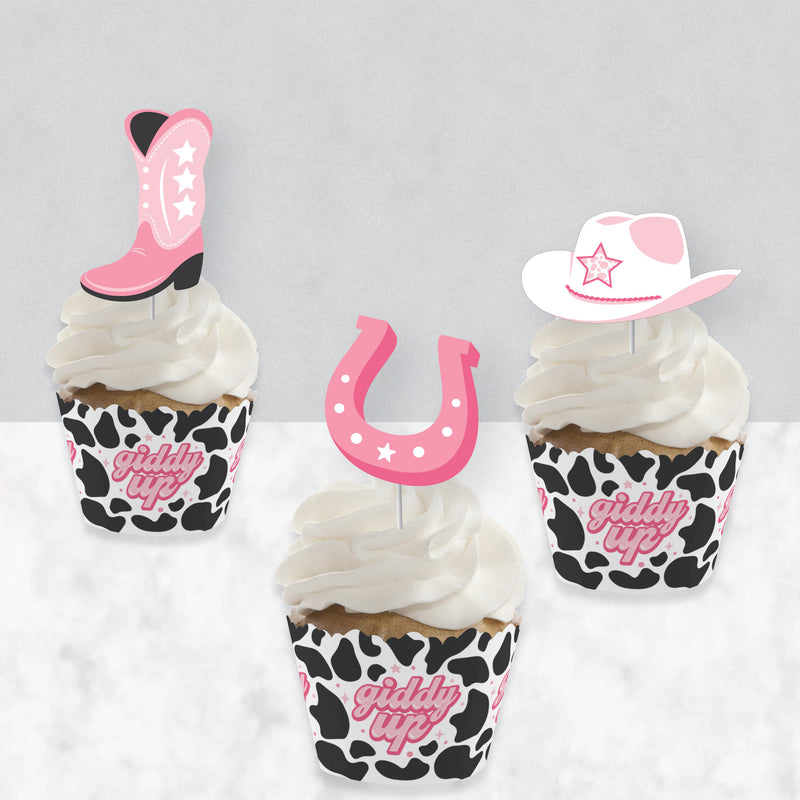 Rodeo Cowgirl - Cupcake Decoration - Pink Western Party Cupcake Wrappers and Treat Picks Kit - Set of 24