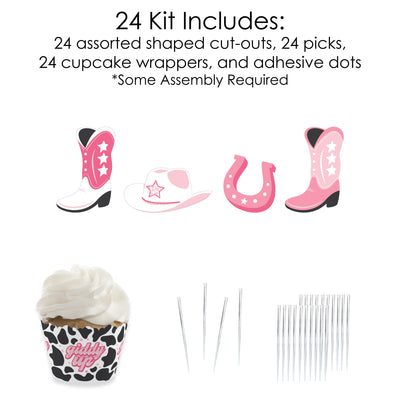 Rodeo Cowgirl - Cupcake Decoration - Pink Western Party Cupcake Wrappers and Treat Picks Kit - Set of 24