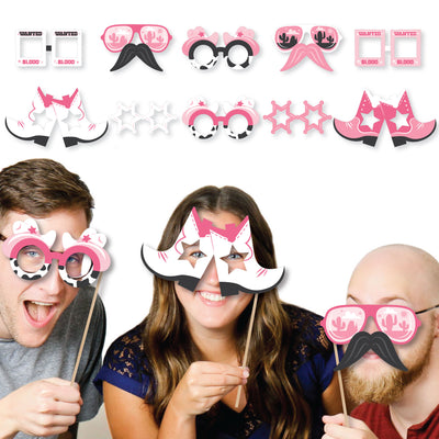 Rodeo Cowgirl Glasses and Masks - Paper Card Stock Pink Western Party Photo Booth Props Kit - 10 Count
