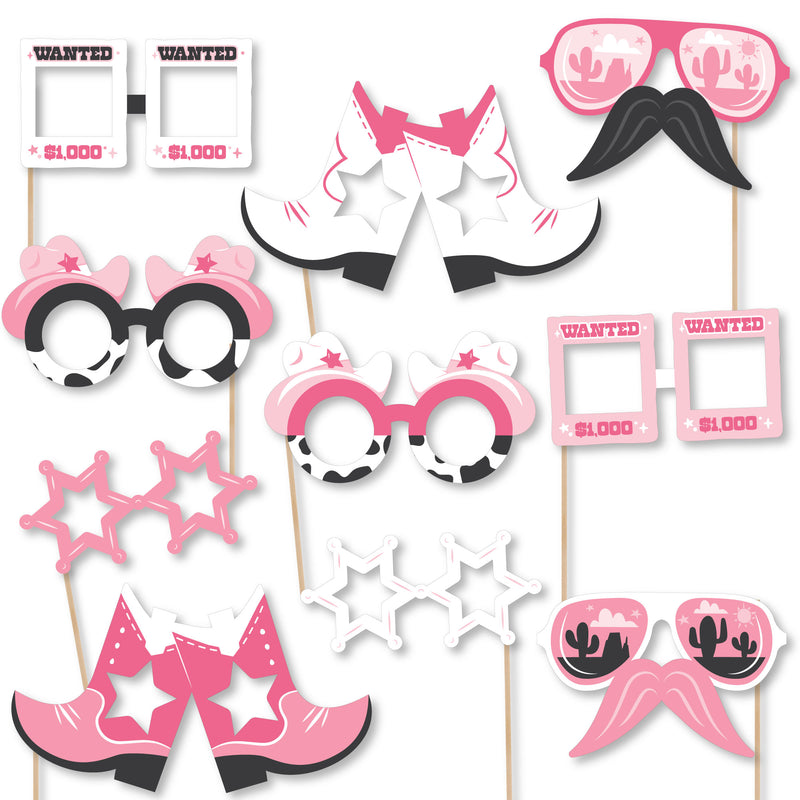 Rodeo Cowgirl Glasses and Masks - Paper Card Stock Pink Western Party Photo Booth Props Kit - 10 Count