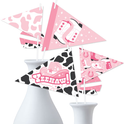 Rodeo Cowgirl - Triangle Pink Western Party Photo Props - Pennant Flag Centerpieces - Set of 20