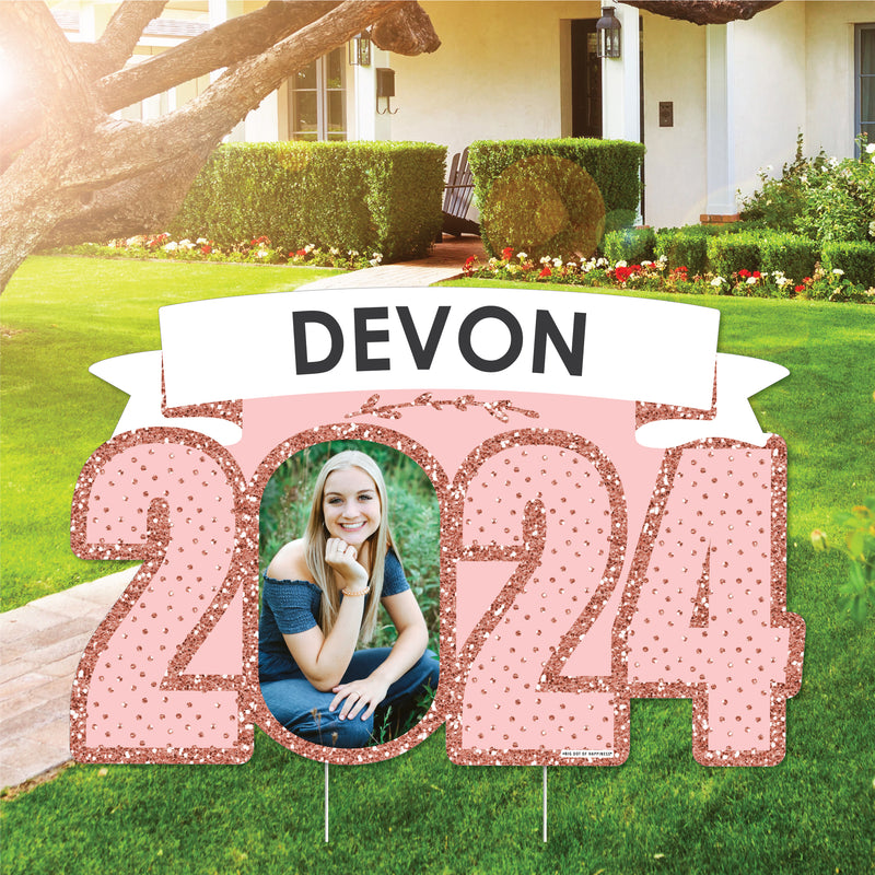 Rose Gold Grad - Custom Name and Photo 2024 Graduation Party Decorations - Party Yardy Sign