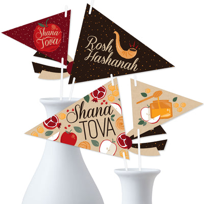 Rosh Hashanah - Triangle Jewish New Year Party Photo Props - Pennant Flag Centerpieces - Set of 20