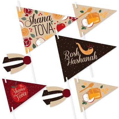 Rosh Hashanah - Triangle Jewish New Year Party Photo Props - Pennant Flag Centerpieces - Set of 20