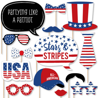 Stars & Stripes - Memorial Day, 4th of July and Labor Day USA Patriotic Party Photo Booth Props Kit - 20 Count