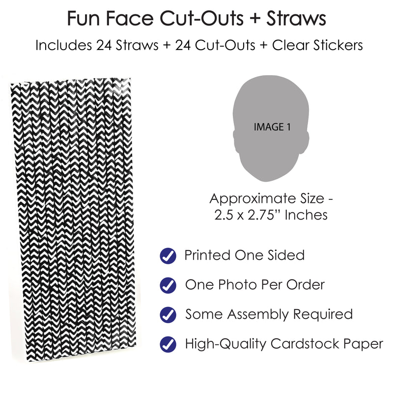 Fun Face Cutout Paper Straw Decor - Custom Photo Head Cut Out Striped Decorative Straws - Upload 1 Photo - Set of 24