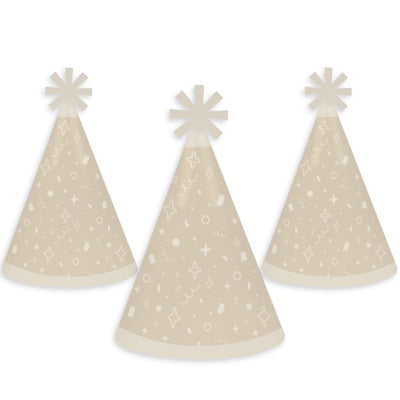 Tan Confetti Stars - Cone Happy Birthday Party Hats for Kids and Adults - Set of 8 (Standard Size)