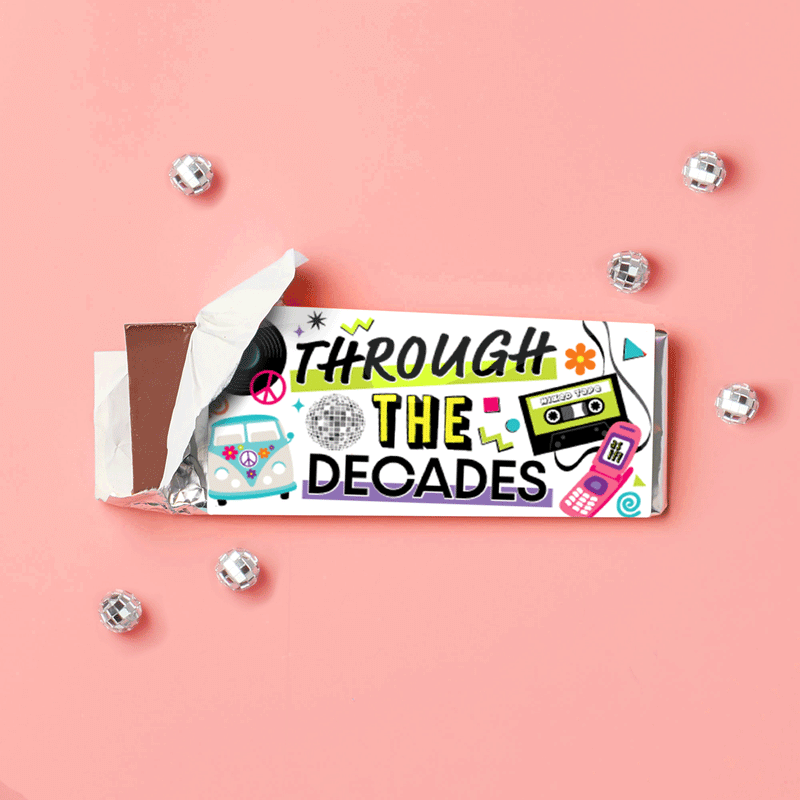 Through the Decades - Candy Bar Wrapper 50s, 60s, 70s, 80s, and 90s Party Favors - Set of 24