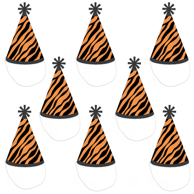 Tiger Print - Cone Happy Birthday Party Hats for Kids and Adults - Set of 8 (Standard Size)