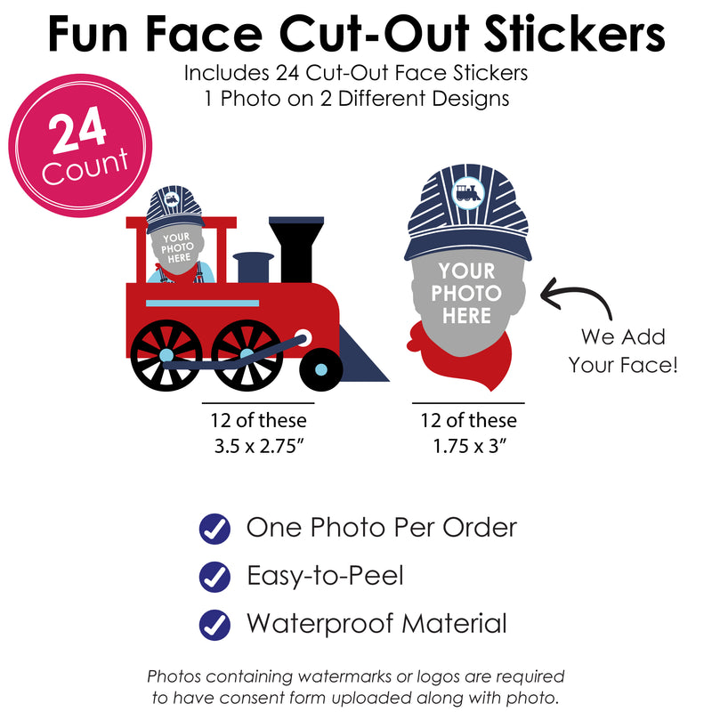 Custom Photo Railroad Party Crossing - Steam Train Birthday Party Favors - Fun Face Cut-Out Stickers - Set of 24