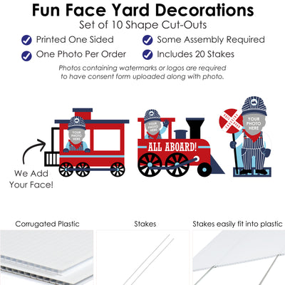 Custom Photo Railroad Party Crossing - Fun Face Lawn Decorations - Steam Train Birthday Party or Baby Shower Outdoor Yard Signs - 10 Piece