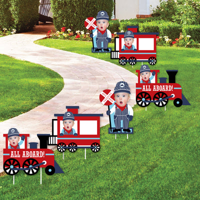 Custom Photo Railroad Party Crossing - Fun Face Lawn Decorations - Steam Train Birthday Party or Baby Shower Outdoor Yard Signs - 10 Piece