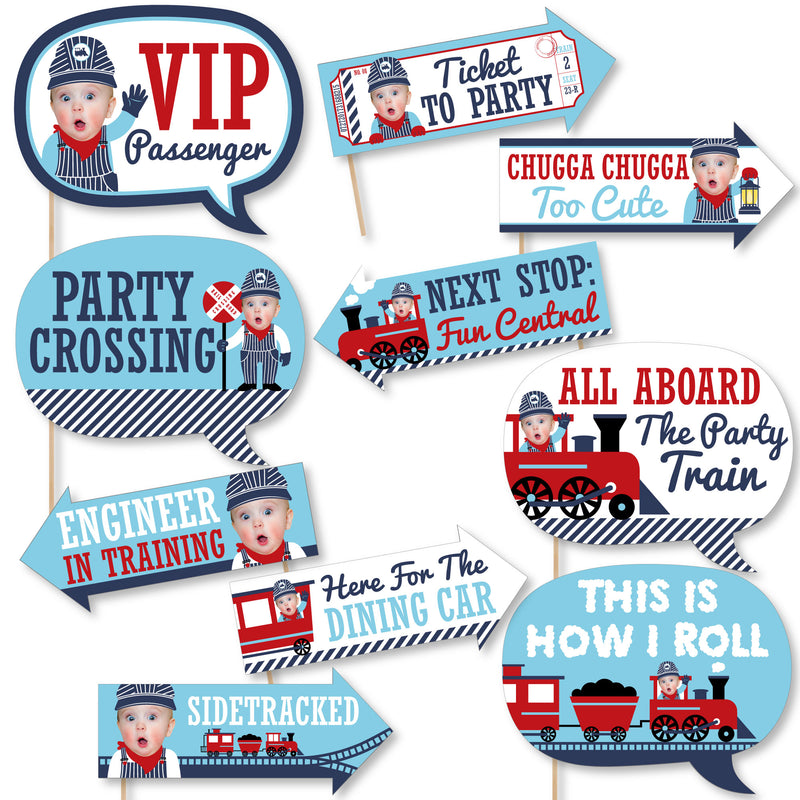 Custom Photo Funny Railroad Party Crossing - Steam Train Birthday Party or Baby Shower Fun Face Photo Booth Props Kit - 10 Piece