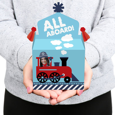 Custom Photo Railroad Party Crossing - Steam Train Birthday or Baby Shower Treat Box Party Favors - Fun Face Goodie Gable Boxes - Set of 12
