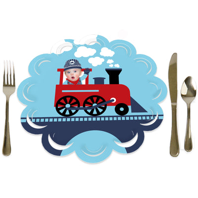 Custom Photo Railroad Party Crossing - Steam Train Birthday Party or Baby Shower Round Table Decorations - Fun Face Paper Chargers - Place Setting For 12