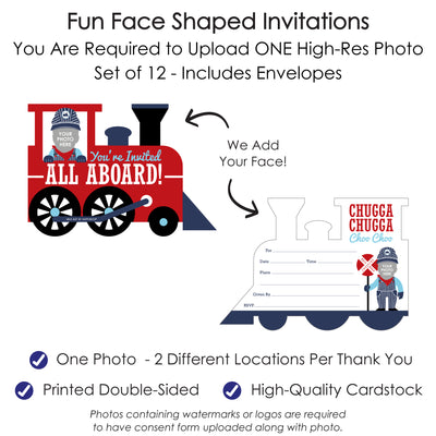 Custom Photo Railroad Party Crossing - Steam Train Birthday Party or Baby Shower Fun Face Shaped Fill-In Invitation Cards with Envelopes - Set of 12