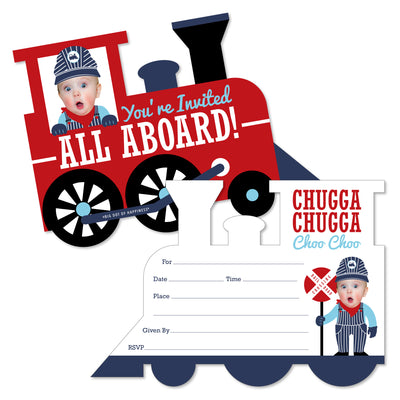 Custom Photo Railroad Party Crossing - Steam Train Birthday Party or Baby Shower Fun Face Shaped Fill-In Invitation Cards with Envelopes - Set of 12