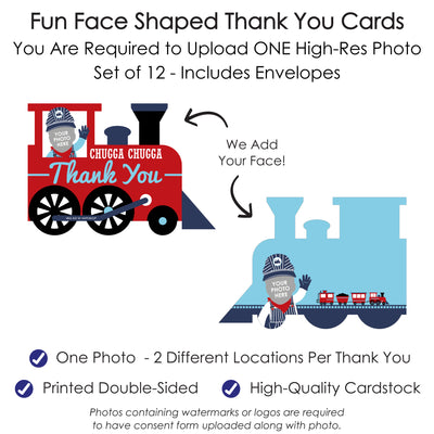 Custom Photo Railroad Party Crossing - Steam Train Birthday Party or Baby Shower Fun Face Shaped Thank You Cards with Envelopes - Set of 12