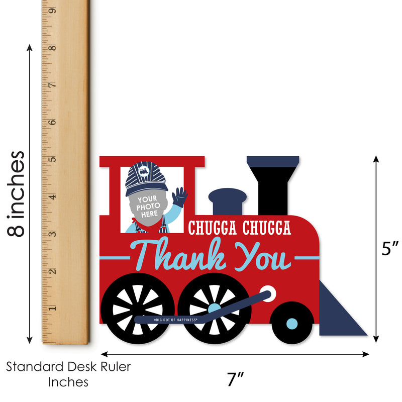Custom Photo Railroad Party Crossing - Steam Train Birthday Party or Baby Shower Fun Face Shaped Thank You Cards with Envelopes - Set of 12