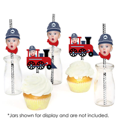 Custom Photo Railroad Party Crossing - Steam Train Birthday Party or Baby Shower Fun Face Paper Straw Decor - Set of 24