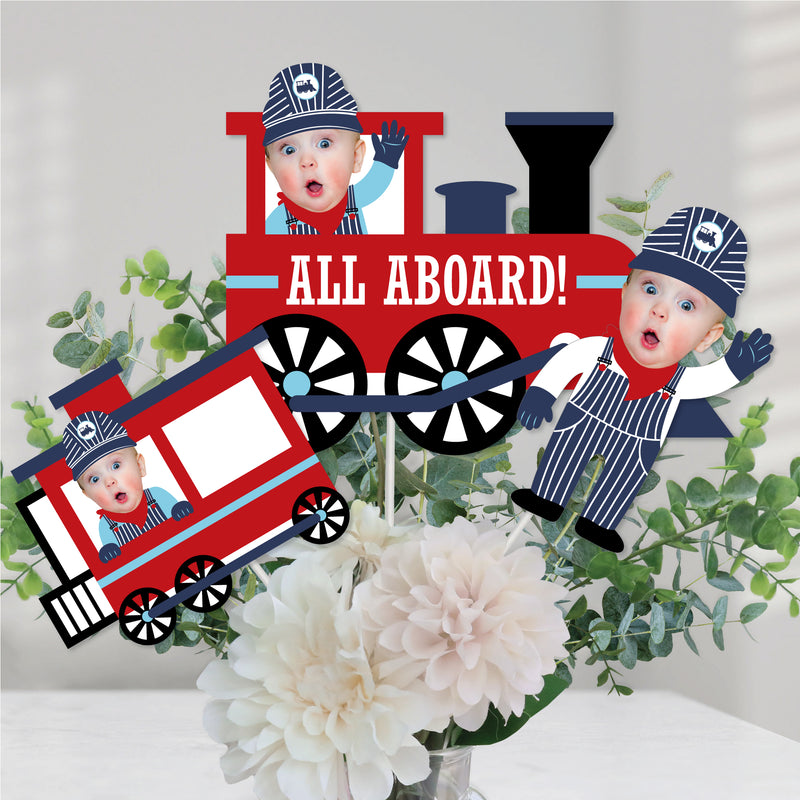 Custom Photo Railroad Party Crossing - Steam Train Birthday Party or Baby Shower Centerpiece Sticks - Fun Face Table Toppers - Set of 15