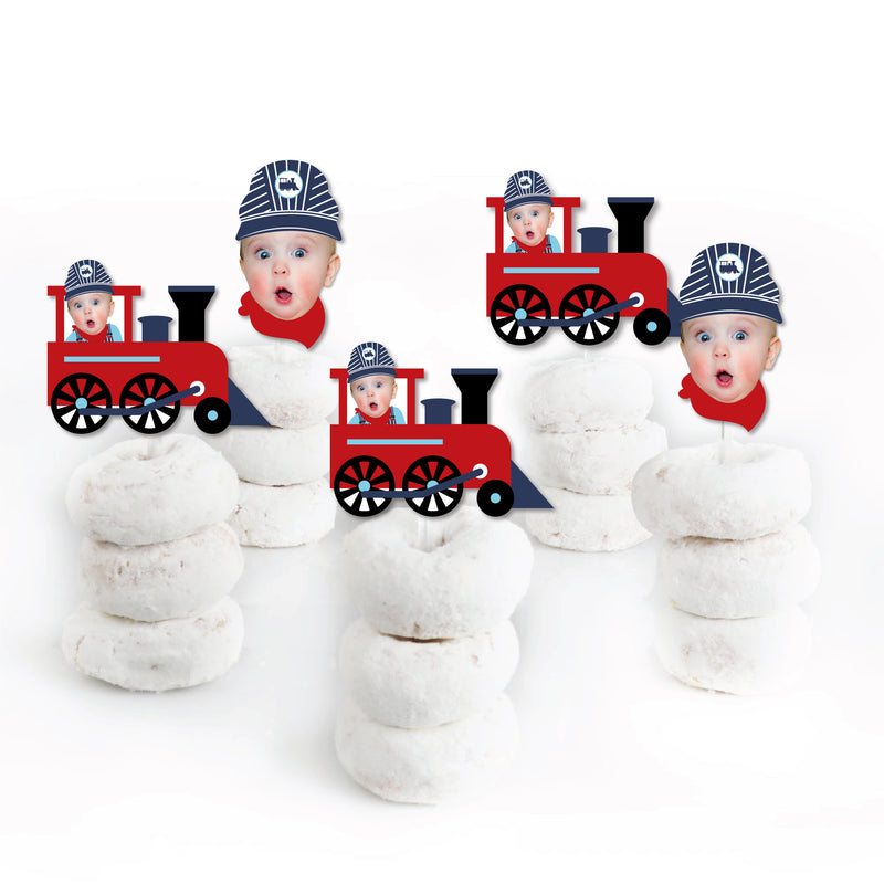 Custom Photo Railroad Party Crossing - Steam Train Birthday Party or Baby Shower Dessert Cupcake Toppers - Fun Face Clear Treat Picks - Set of 24