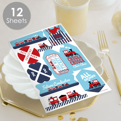 Railroad Party Crossing - Steam Train Birthday or Baby Shower Party Favor Sticker Set - 12 Sheets - 120 Stickers