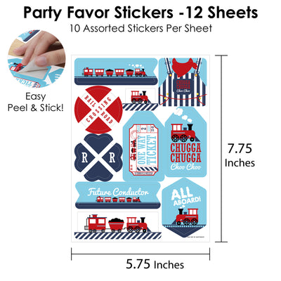 Railroad Party Crossing - Steam Train Birthday or Baby Shower Party Favor Sticker Set - 12 Sheets - 120 Stickers