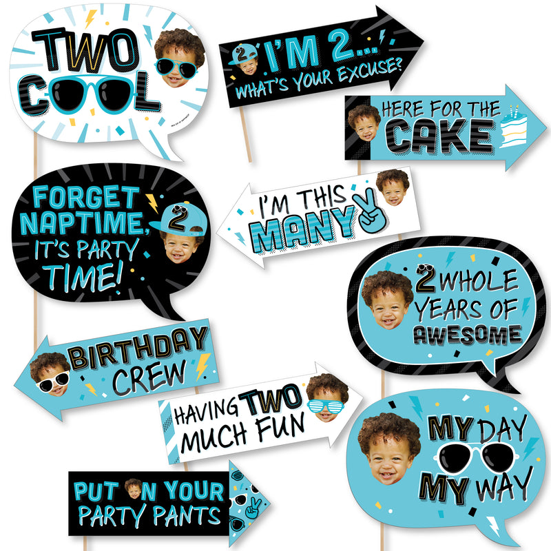 Custom Photo Funny Two Cool - Boy - Blue 2nd Birthday Party Fun Face Photo Booth Props Kit - 10 Piece