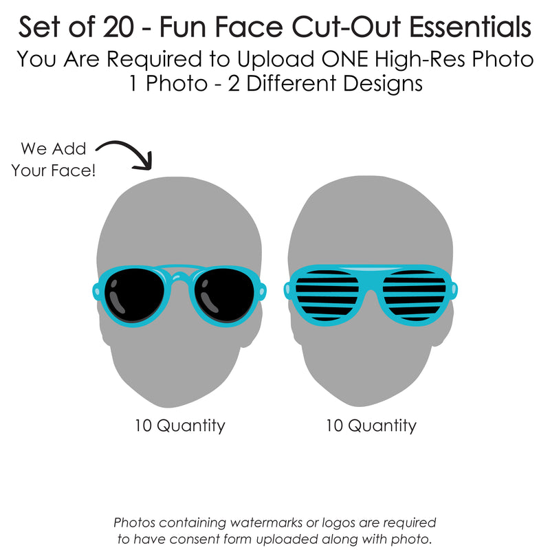 Custom Photo Two Cool - Boy - Fun Face Decorations DIY Blue 2nd Birthday Party Essentials - Set of 20