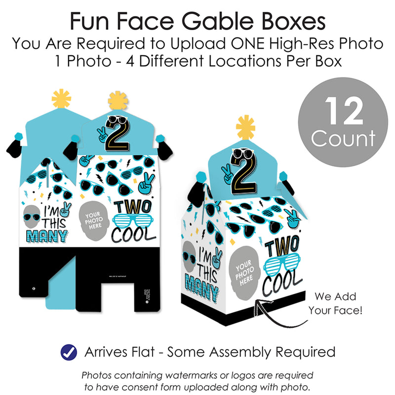 Custom Photo Two Cool - Boy - Blue 2nd Birthday Treat Box Party Favors - Fun Face Goodie Gable Boxes - Set of 12