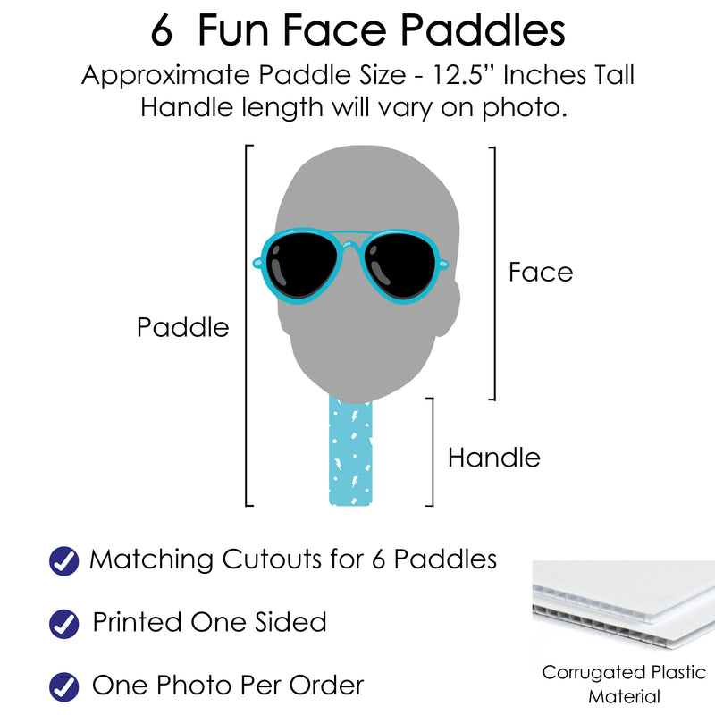 Custom Photo Two Cool - Boy - Blue 2nd Birthday Party Head Cut Out Photo Booth and Fan Props - Fun Face Cutout Paddles - Set of 6